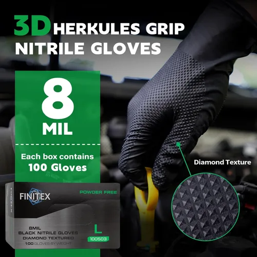 Miniatura 5 de FINITEX Industrial Diamond Texture Nitrile Black Glove - 100/1000PCS Chemical Resistant 8mil Mechanic Disposable Gloves Negro (Large 100)
