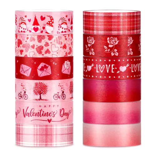 Whaline 12 rollos de cinta washi de San Valentín de color rojo y rosa con corazones y enanos del amor, cinta adhesiva para boda, álbum de recortes,