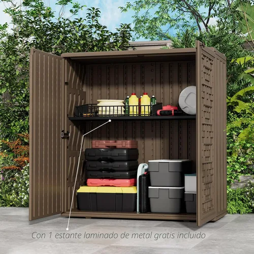 Miniatura 2 de HOMSPARK Armario de almacenamiento para interiores y exteriores con puertas y estante, caja de almacenamiento de plástico HDPE de 34 x 16 x 36 Marrón