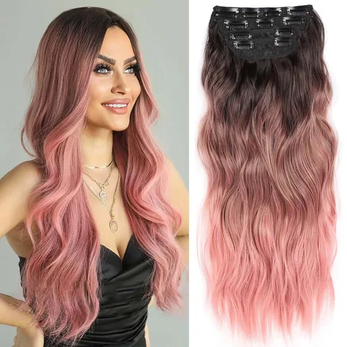 Miniatura 20 de 4 piezas de extensiones de cabello rizado con clip, color dorado oscuro, mezcla de rubio beige, sintético de 20 pulgadas de largo, extensiones