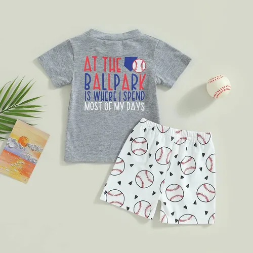 Miniatura 3 de Conjunto de 2 piezas de camiseta y pantalones cortos de béisbol con estampado de letras para bebé niño