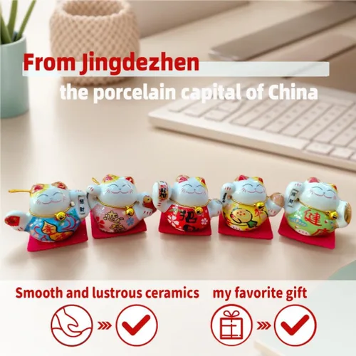 Miniatura 5 de Lucky Statue - Juego de figuras de cerámica china de gato, 5 mini gatos de la fortuna, adorno de escritorio pequeño, colección de ideas asiáticas