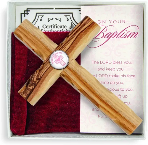Miniatura 2 de Cruz de sacramento de bautismo para niños, juego de regalo en caja con certificado de autenticidad, tarjeta de oración y bolsa de terciopelo, madera