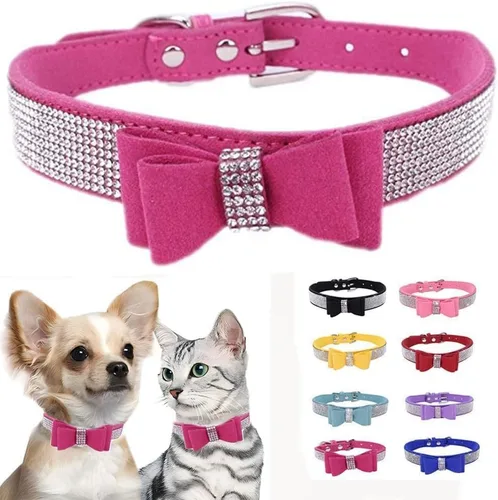 Miniatura 20 de Collar para perro con cristales de imitación, collar de piel sintética con brillantes para perro, gato y cachorro en color negro, tallas S M L XL