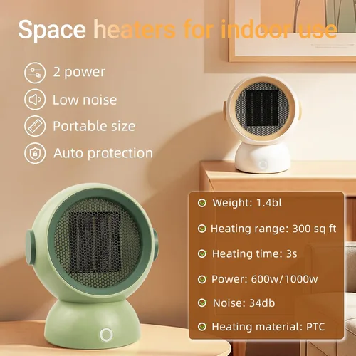 Miniatura 8 de Calentador de espacio, calentadores eléctricos portátiles para habitación pequeña, para uso en interiores, dos velocidades, 1200 W, mini