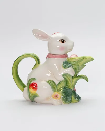 Miniatura 8 de Cosmos Gifts 10445 Tetera de conejo primaveral de cerámica fina con tulipán rosa y flores, 7-5/8" L