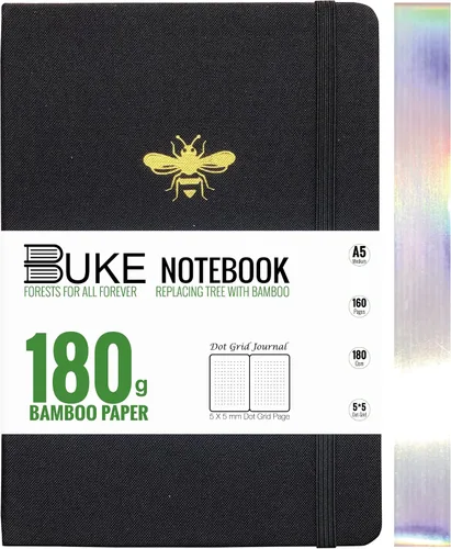 Miniatura 11 de BUKE Cuaderno de cuadrícula de puntos, papel blanco de bambú de 6.35 oz/m², 5 puntos de 0.197 x 0.197 in, 160 páginas, encuadernación plana, bordes