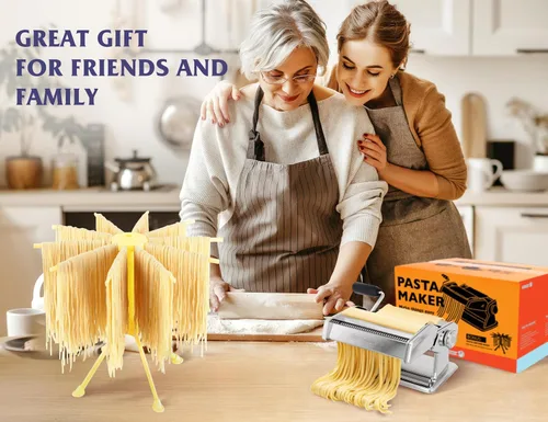 Miniatura 8 de Juego de máquina para hacer pasta con estante de secado de pasta, máquina para hacer fideos, 9 ajustes de grosor ajustables, regalos para ella