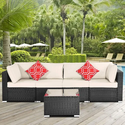 Miniatura 13 de Quarte Juego de muebles de patio de 4 piezas, sofá modular de mimbre de ratán PE para exteriores con acolchado y almohada, para porche, césped, Gris
