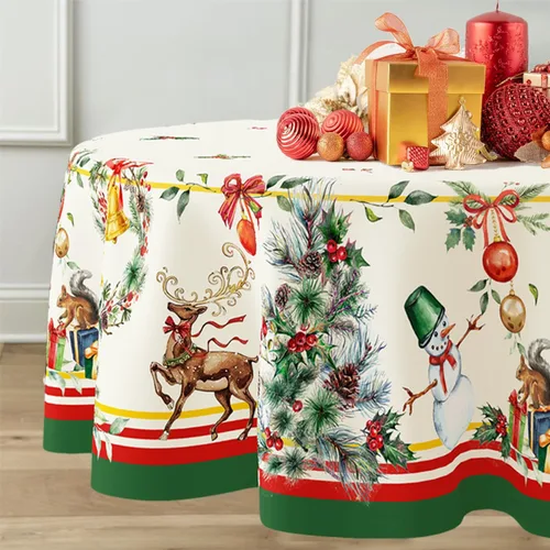 Miniatura 3 de Yighty Mantel Redondo de Navidad de 60 x 60 pulgadas, Mantel de Mesa de Decoración Navideña de Árbol y Alce, Poliéster Impermeable y Resistente a
