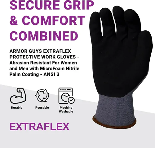 Miniatura 5 de Armor Guys Guantes de trabajo protectores extraflex con forro de nailon gris, revestimiento de palma de nitrilo de microespuma, guantes resistentes