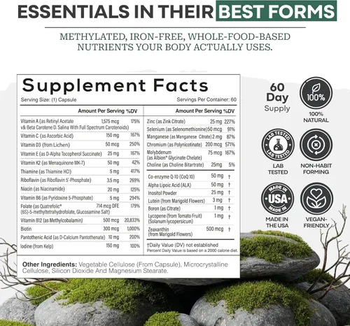Miniatura 4 de Multivitamínico metilado Wild para mujeres y hombres Multivitamina diaria Suplemento MTHFR sin hierro B12 metilado, folato, vitamina C, A, K2