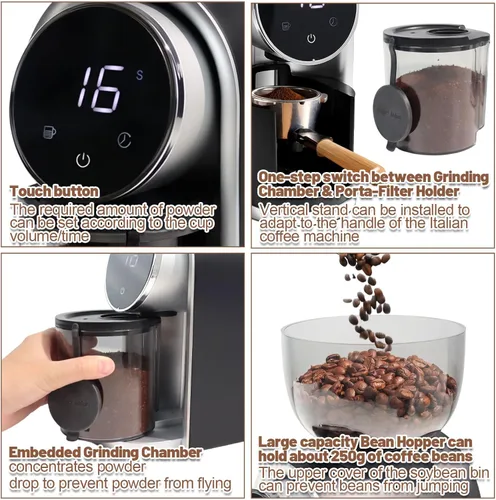 Miniatura 6 de Molinillo de café eléctrico con pantalla táctil, 2-14 tazas, molinillo de café cónico con 25 ajustes de molienda, cepillo de limpieza, molienda Negro