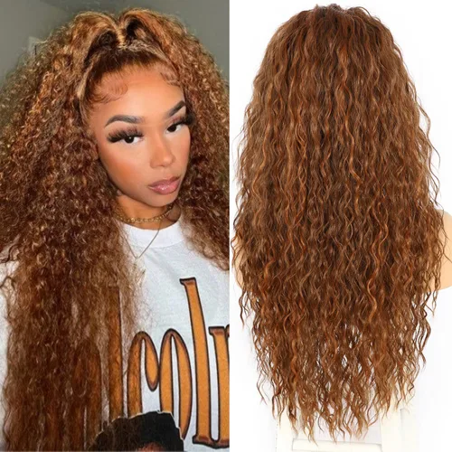 Miniatura 14 de SAPPHIREWIGS Pelucas de encaje frontal color marrón, sin pegamento, onda de agua, de encaje frontal sintético, para mujeres afrodescendientes