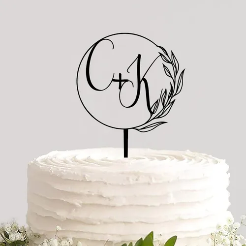 Decoración acrílica personalizada para tarta de boda, monograma, iniciales de novio, nombres grabados, decoración negra para tartas de boda,