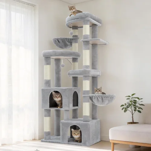Miniatura 8 de Hey-brother Árbol para gatos, torre de 67.3 pulgadas con 3 camas de plataforma suave, 2 condominios grandes, 9 postes rascadores de sisal, 2 hamacas