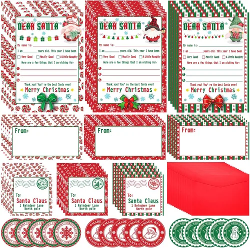 75 piezas de kit de escritura de cartas a Papá Noel, lista de deseos navideños, 15 cartas en blanco de Navidad para rellenar con sobres rojos y