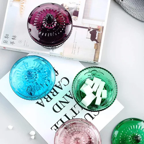 Miniatura 6 de Frasco de vidrio europeo retro nostálgico tridimensional con relieve de color, frasco para caramelos, frasco para condimentos con tapa