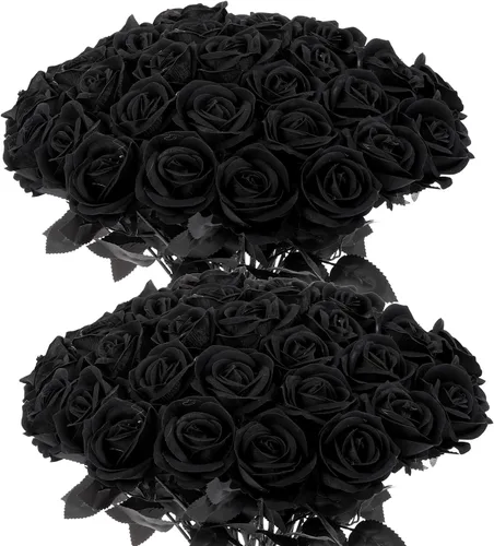 Miniatura 23 de 12 rosas artificiales de terciopelo sintético para decoración del hogar y boda (rosa perla, negro)