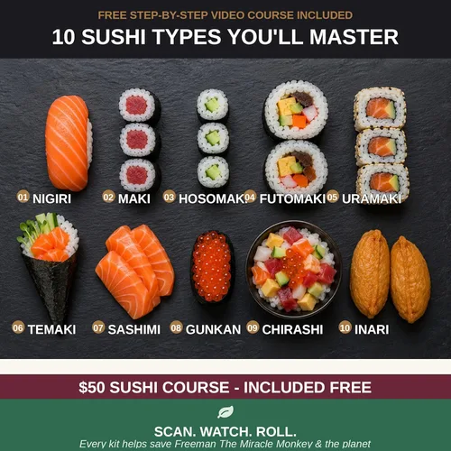 Miniatura 9 de Albino monkey Kit de fabricación de sushi con cuchillo Pro Sashimi – Rollo de más de 10 tipos de sushi – Bazuca de sushi, bambú + alfombrillas aptas