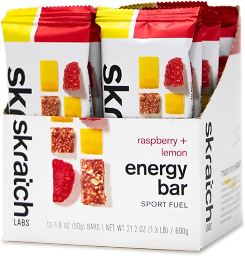 SKRATCH LABS Anytime Energy Bar, frambuesas y limones (paquete de 12 porciones) baja en azúcar, sin gluten, vegano, Kosher, sin lácteos