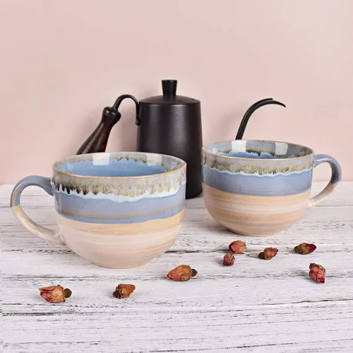 Miniatura 4 de Bosmarlin Juego de 2 tazas de café grandes de cerámica, tazas de café jumbo de gres para oficina y hogar, 16 onzas, aptas para lavavajillas y Azul