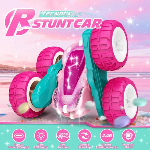 Miniatura 2 de Tecnock - Auto a control remoto rosa para niñas y niños, autos RC de 2.4GHz con carga fácil USB-C, 4WD de doble cara que gira 360° y hace