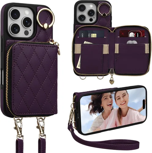 Miniatura 47 de Funda tipo cartera para iPhone 15 de 6.1 pulgadas, bolso cruzado con cremallera y correa para la muñeca con cordón para mujer, tarjetero con bloqueo