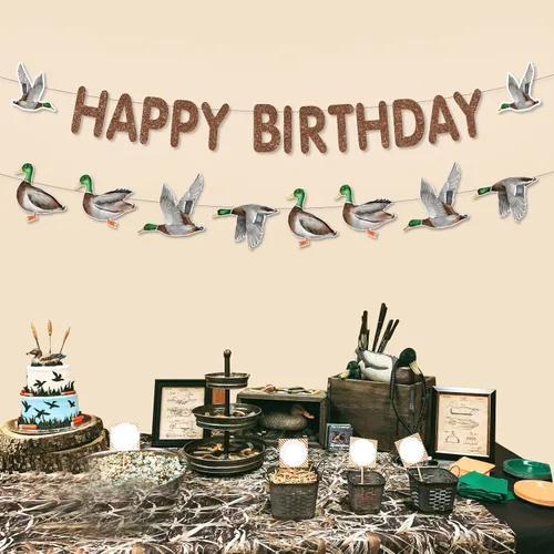 Miniatura 3 de Decoraciones de cumpleaños de caza de patos, guirnalda de pancarta de feliz cumpleaños de pato mallard para cumpleaños, suministros de baby shower