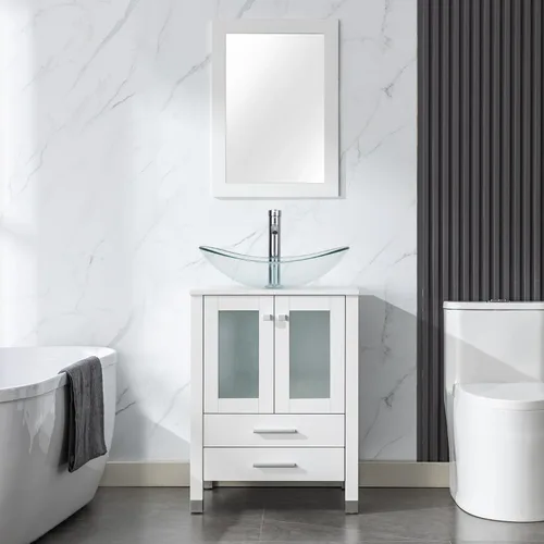 Miniatura 12 de LUCKWIND Combinación de tocador de baño de 24 pulgadas con lavabo, serie elegante con marco pintado, armario de almacenamiento de baño de dos