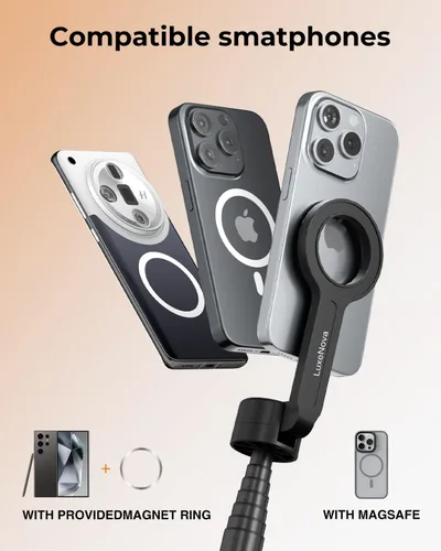 Miniatura 8 de Trípode magnético para selfie stick de 72 pulgadas para iPhone MagSafe, soporte de trípode extensible para teléfono con control remoto Bluetooth