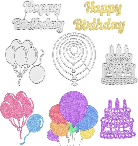 Die Cuts for Card Making 5 Pieces, Metal Stencils Cutting Dies for Card Making DIY Happy Birthday Balloons Cake, Scrapbooking Embossing Album Card