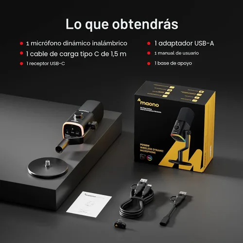 Miniatura 8 de MAONO PD100W Micrófono dinámico inalámbrico para PC, micrófono USB para juegos para transmisión y podcast, cancelación de ruido, RGB, micrófono