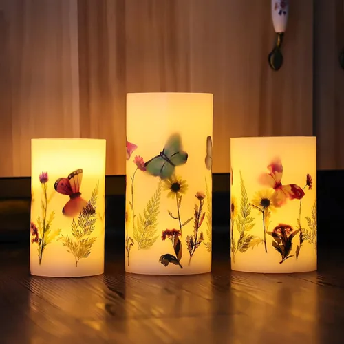 Miniatura 8 de Vela LED sin llama de 3.25 pulgadas de diámetro x 6 pulgadas de alto, vela parpadeante de mariposa de cera real, funciona con pilas con función