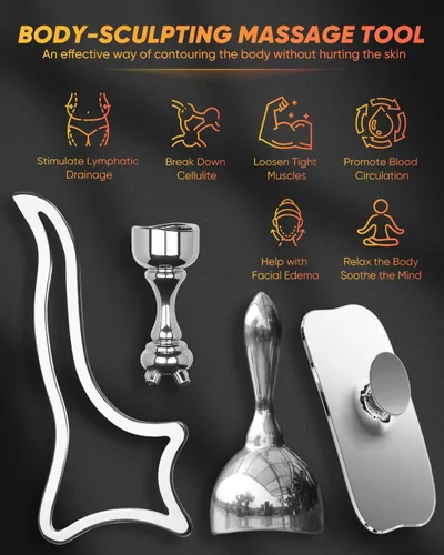 Miniatura 2 de ONUEMP Herramientas de terapia de masaje de acero inoxidable 4 en 1 para esculpir el cuerpo de hielo, kit de maderoterapia colombiana, raspado Gua
