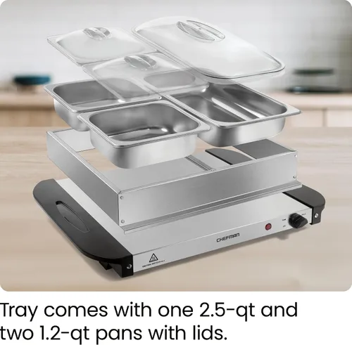 Miniatura 5 de Chefman Servidor de buffet eléctrico + bandeja de calentamiento con temperatura ajustable y 3 platos calentadores, placa caliente perfecta