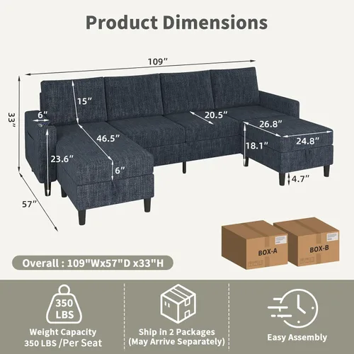 Miniatura 2 de Sofás seccionales para sala de estar, sofá seccional de tela de lino suave de 6 asientos con otomana de almacenamiento, sofá moderno convertible