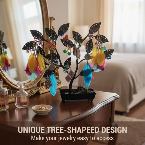 Miniatura 5 de MyGift - Árbol para colgar joyas, aretes y collares con charola para anillos., Metal, Negro, S