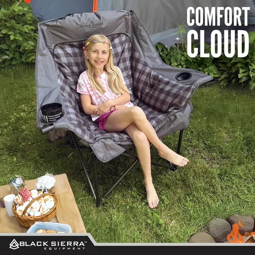 Miniatura 8 de Silla de camping de gran tamaño Black Sierra para adultos, asiento resistente para exteriores con acolchado suave, soporta 400 libras, portavasos