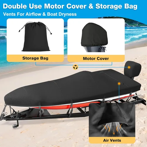 Miniatura 5 de Funda para Barco de 16-18 pies, Funda para Barco Bass 1200D, Fundas para Barco Resistentes e Impermeables con Funda para Motor y Kits de Drenaje