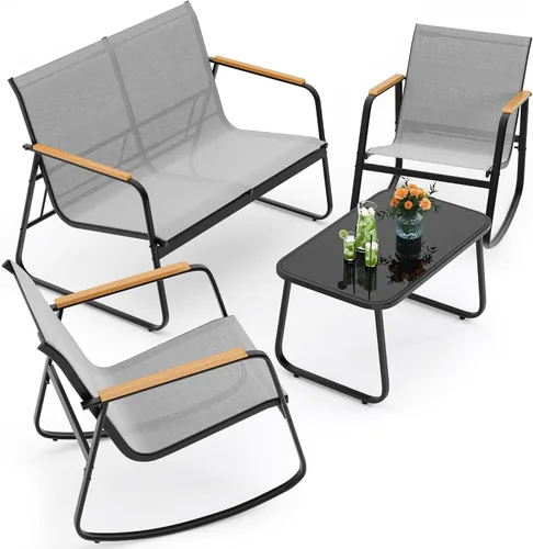 Miniatura 10 de Ahomly - Juego de 4 piezas de muebles de patio, juego de conversación para exteriores de Textilene con 2 sillas mecedoras y mesa de café con tapa