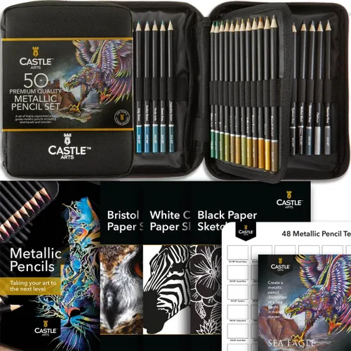 Castle Art Supplies Juego de 48 lápices de colores metálicos con extras | Núcleos de cera de calidad con tonos brillantes para profesionales,