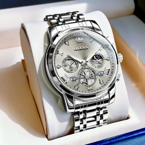 Miniatura 6 de OLEVS Relojes para hombre de acero inoxidable con cronógrafo, reloj de pulsera grande analógico de cuarzo, relojes de vestir impermeables de moda