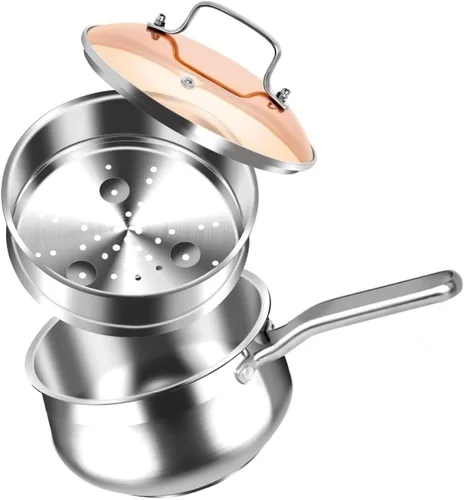 WANGYUANJI Cacerola de acero inoxidable de 2.5 cuartos de galón con cesta de vapor, olla de vapor multiusos 2 en 1 para cocinar, verduras y pastas,