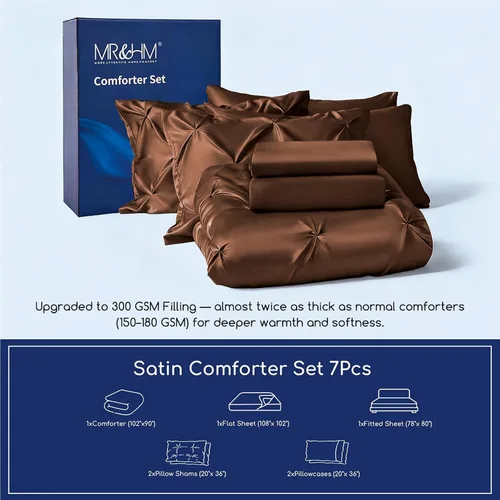 Miniatura 2 de MR&HM Juego de ropa de cama con edredón satinado King de 7 piezas - Juego de cama lujoso con pliegues, con edredón, sábana plana, sábana ajustada