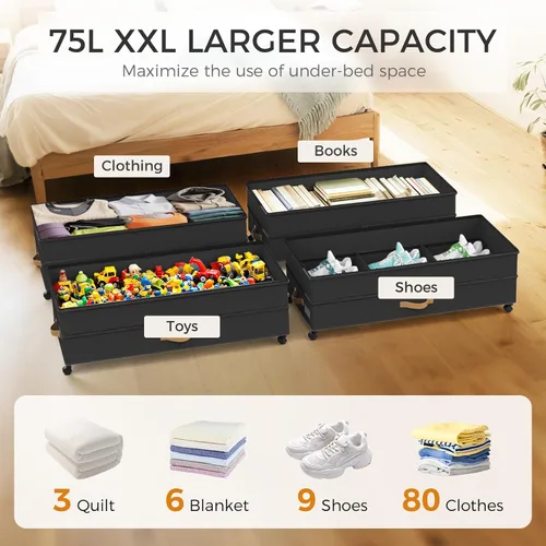Miniatura 3 de Almacenamiento Debajo de la Cama con Ruedas Paquete de 4, 75L XXL Contenedores de Almacenamiento Debajo de la Cama Grandes, 30 cm de Alto negro