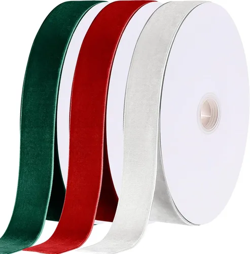 Yilloog 3 rollos de cinta de terciopelo navideño de una sola cara, vintage, para coronas de árbol de Navidad, decoración de lazos para envolver