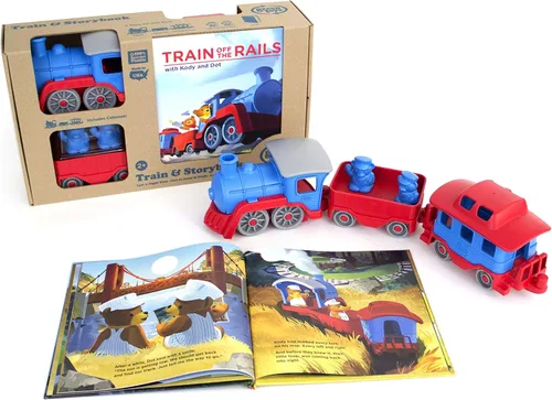 Green Toys Juego de tren y libro de cuentos, juego de simulación, habilidades motoras, lectura, juego de regalo de vehículo de juguete para niños.