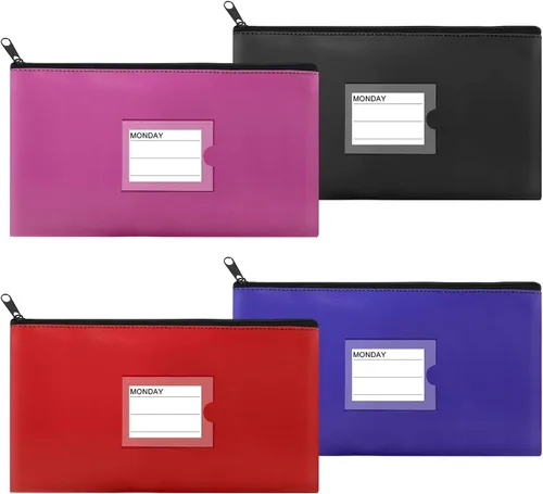 Miniatura 29 de Paquete de 4 bolsas de dinero para depósitos bancarios, cartera de cuero sintético resistente con cremallera con ventana transparente, bolsa