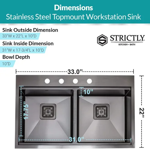 Miniatura 6 de S STRICTLY KITCHEN + BATH - Fregadero de cocina de 33 pulgadas de montaje superior, estación de trabajo, tazón doble 50/50, calibre 16, acero